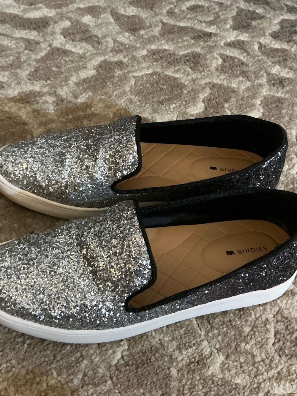 Birdies Silver Glitter Slip-On Sneakers with Black Trim